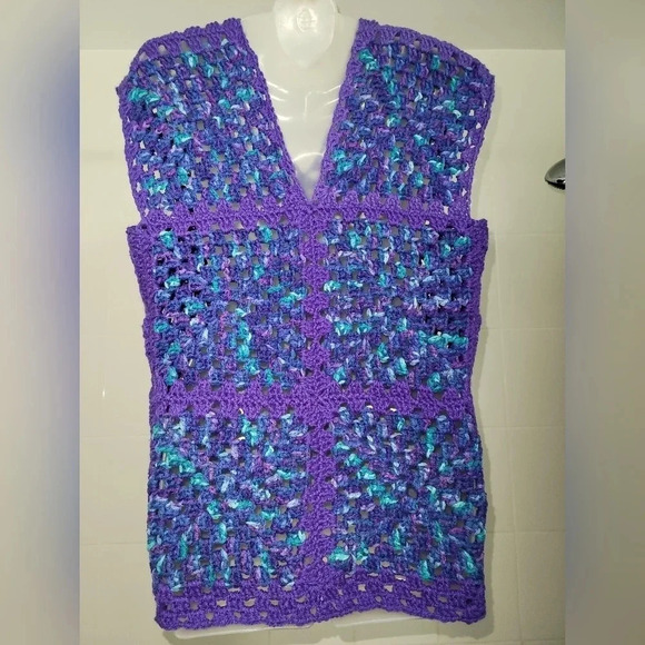 Vintage  Handcrafted Handmade Crochet Vest Purple and Turquoise Medium 70s Comfy - Picture 2 of 12